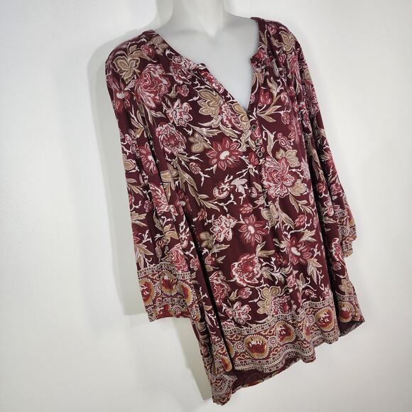 Lucky Brand Top Size 2X Womens Burgundy Floral Print Blouse Boho V Neck Border - Picture 4 of 13